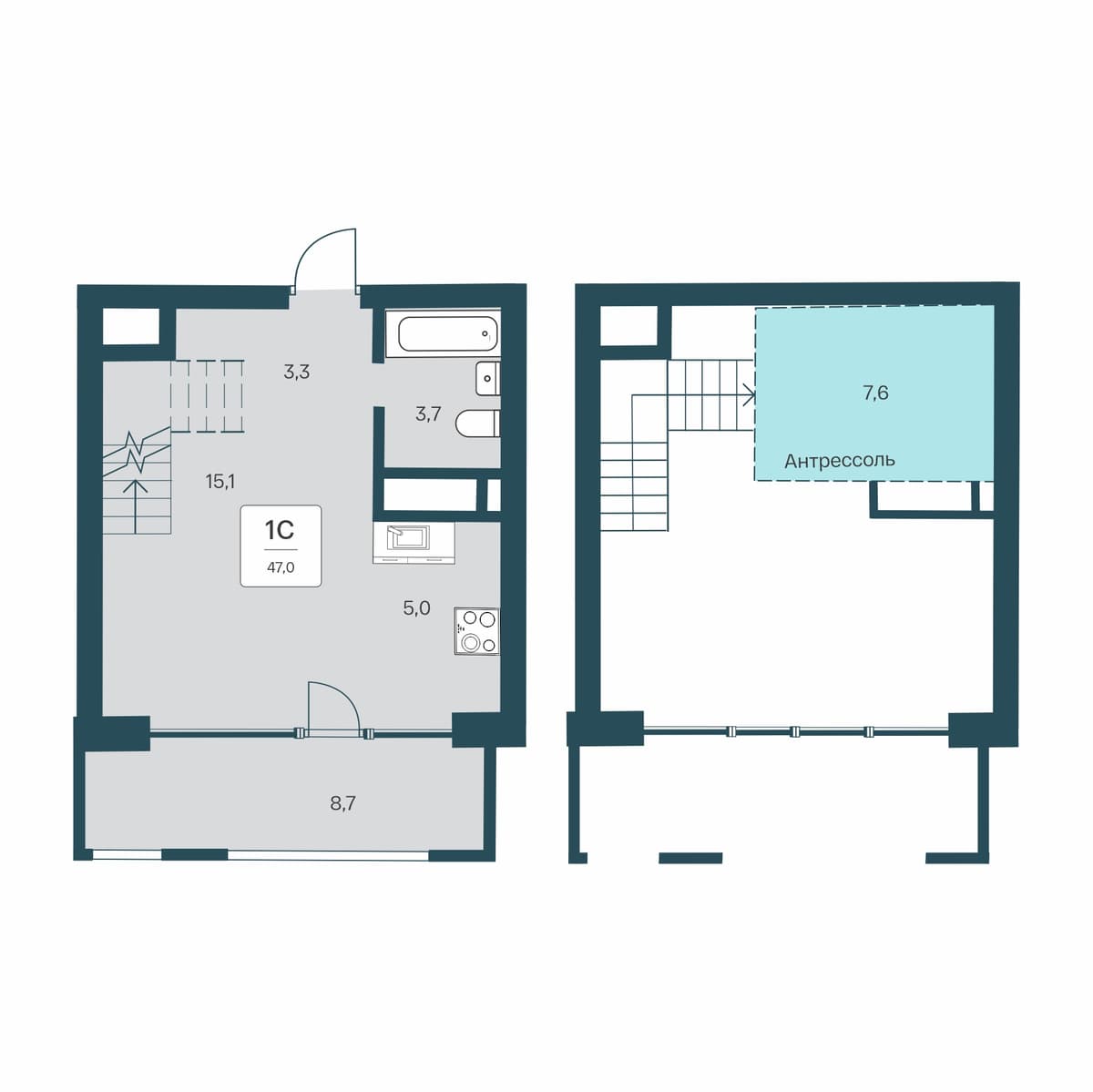 Студия, 47 м² · Расцветай Первоцвет