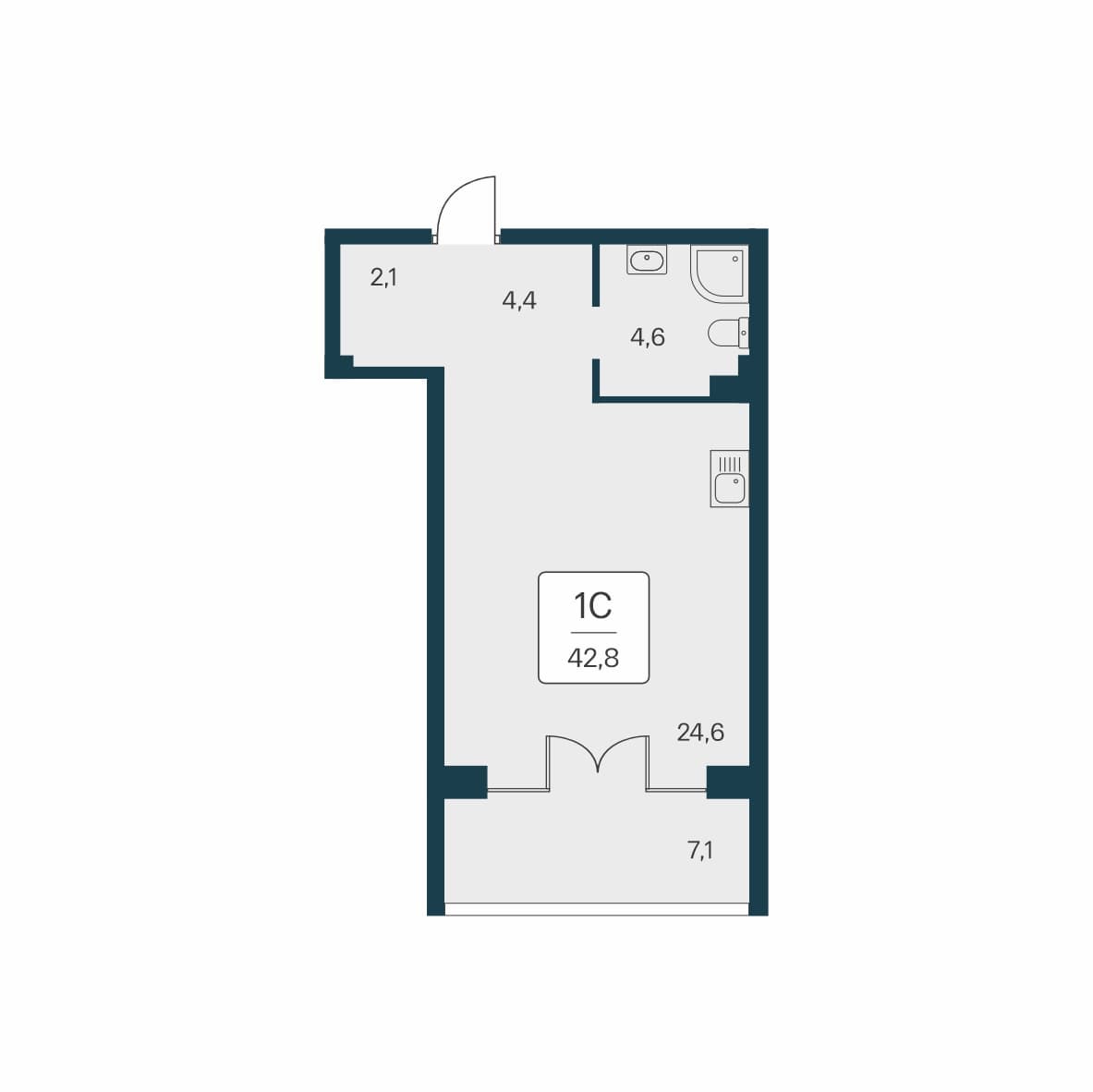 Студия, 42.8 м² · Вилла Маяк