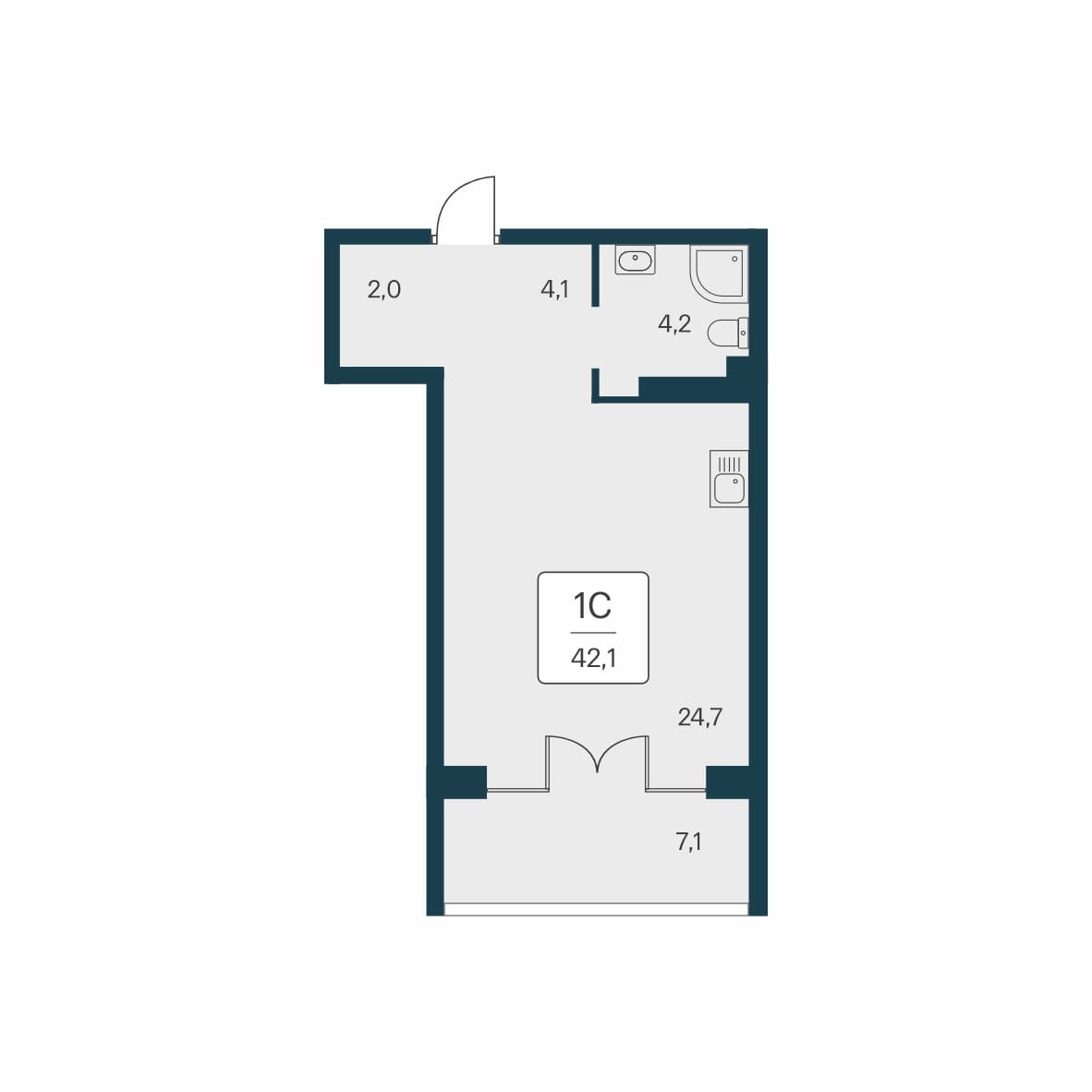 Студия, 42.1 м² · Вилла Маяк