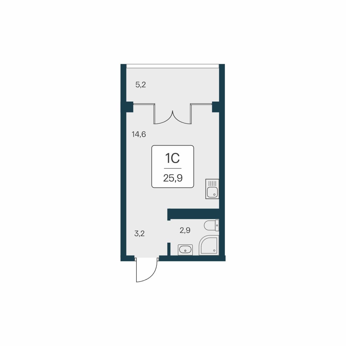 Студия, 25.9 м² · Вилла Маяк