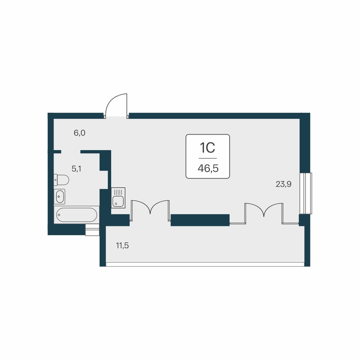 Студия, 46.5 м² · Вилла Маяк