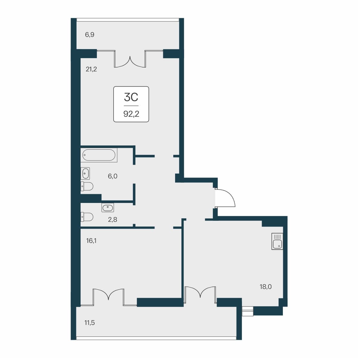 3-к, 92.2 м² · Вилла Маяк