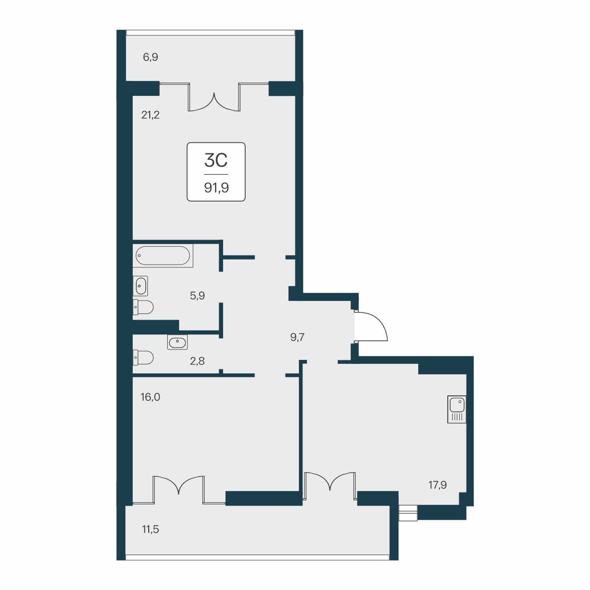 3-к, 91.9 м² · Вилла Маяк
