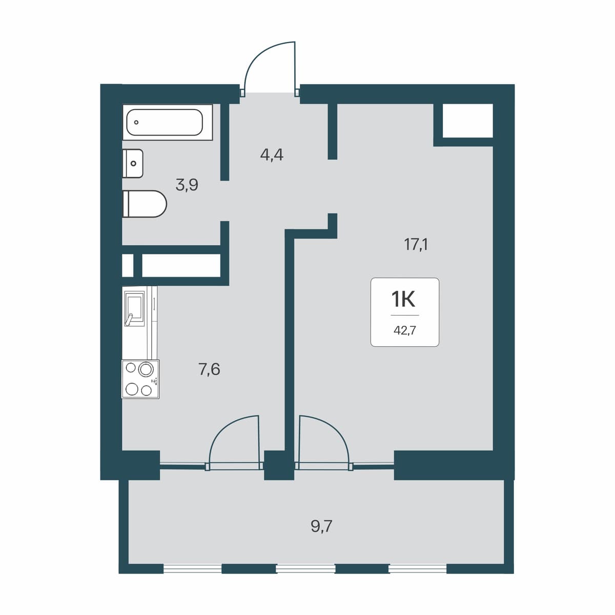 1-к, 42.7 м² · Расцветай Первоцвет