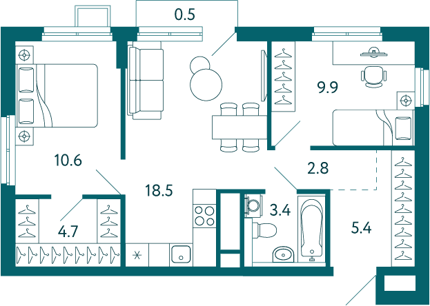 2-комн. квартира 55,8 м² в ЖК «Садовые кварталы», Мариуполь