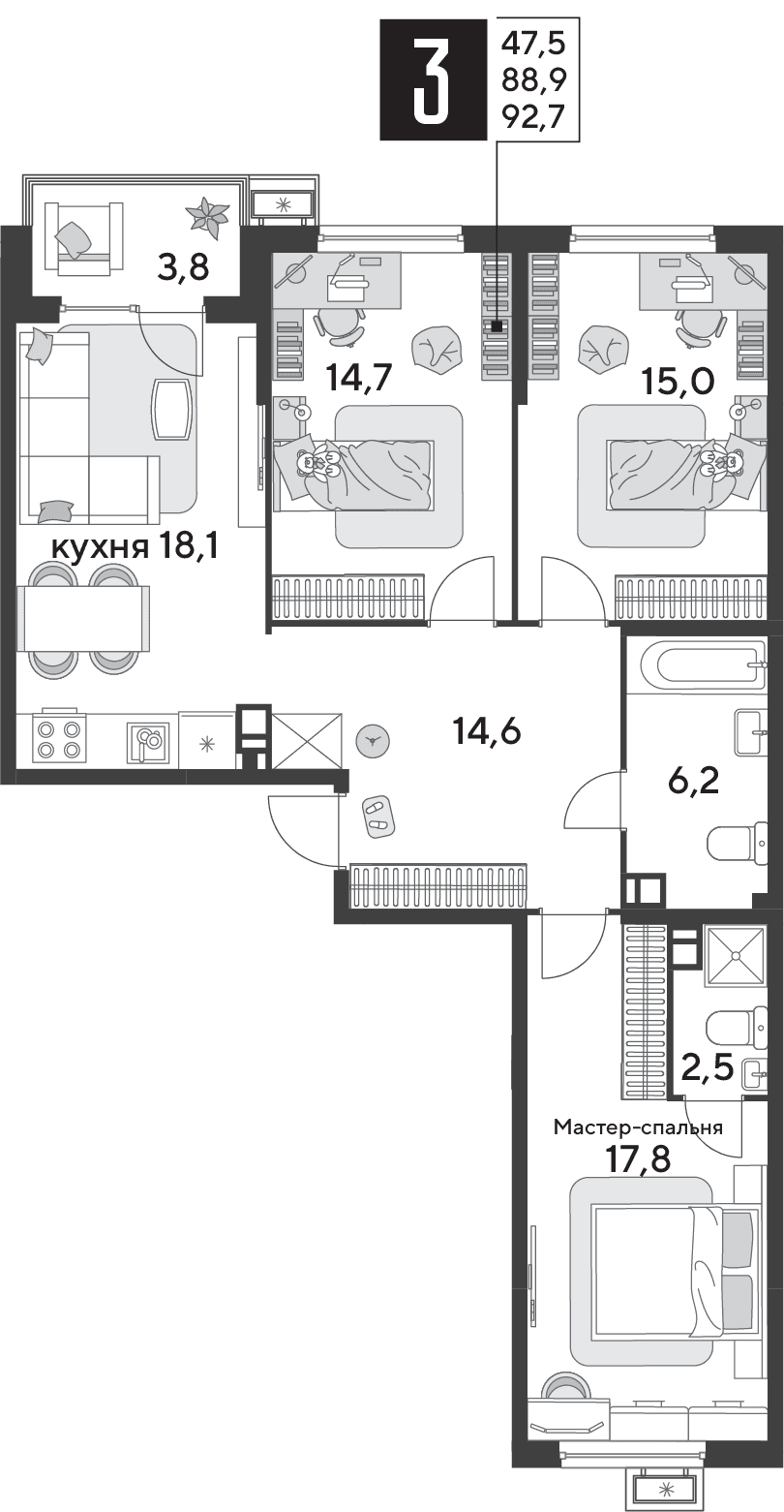 3-к, 92 м² · Парк Победы-2