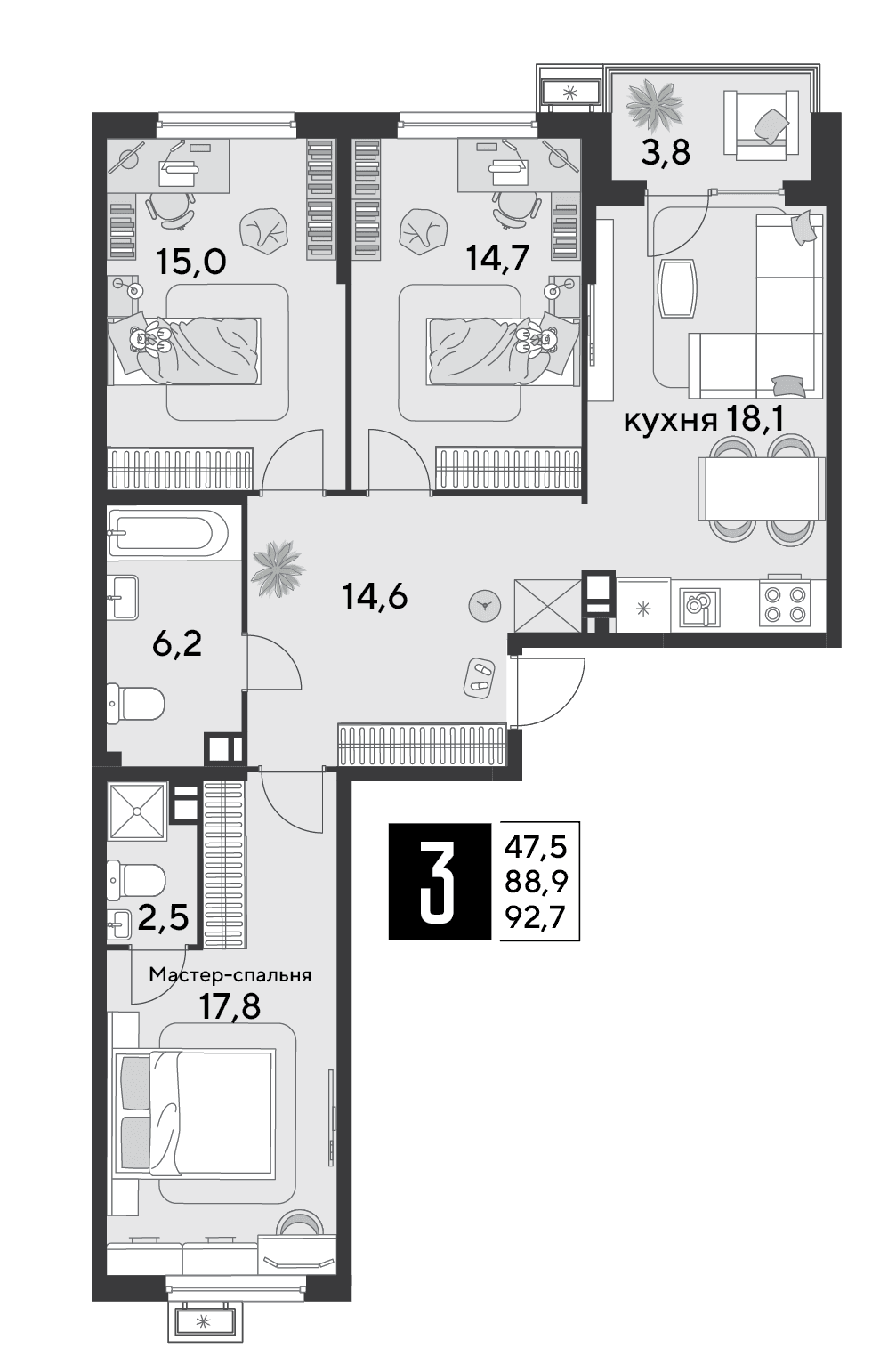 3-к, 92.7 м² · Парк Победы-2