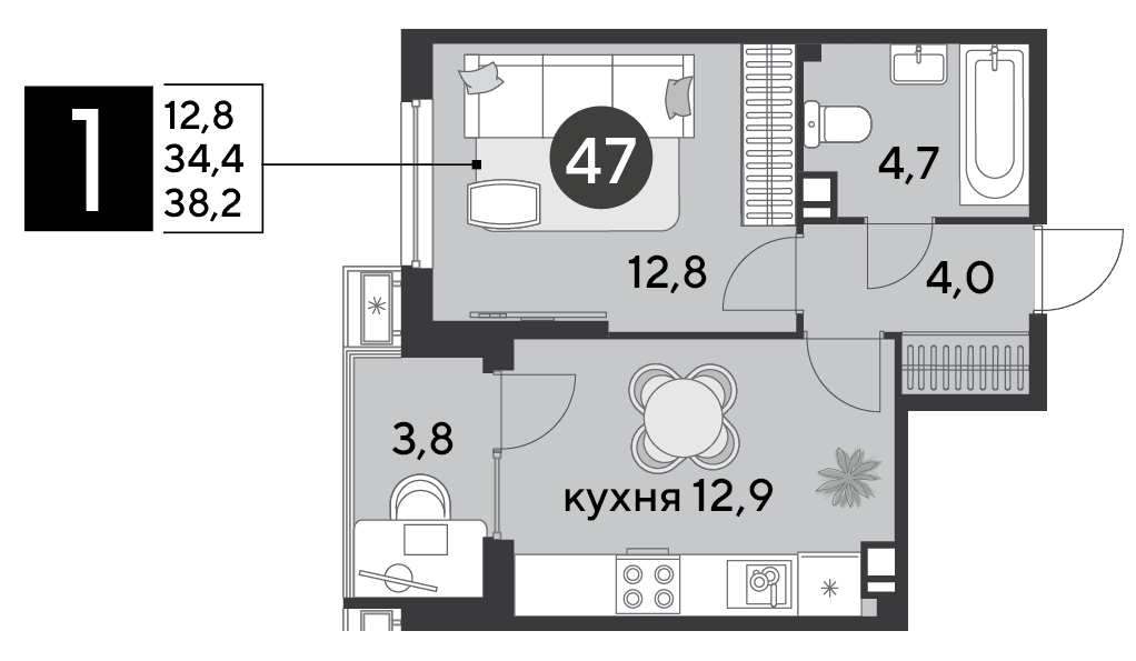 1-к, 38.2 м² · Парк Победы-2