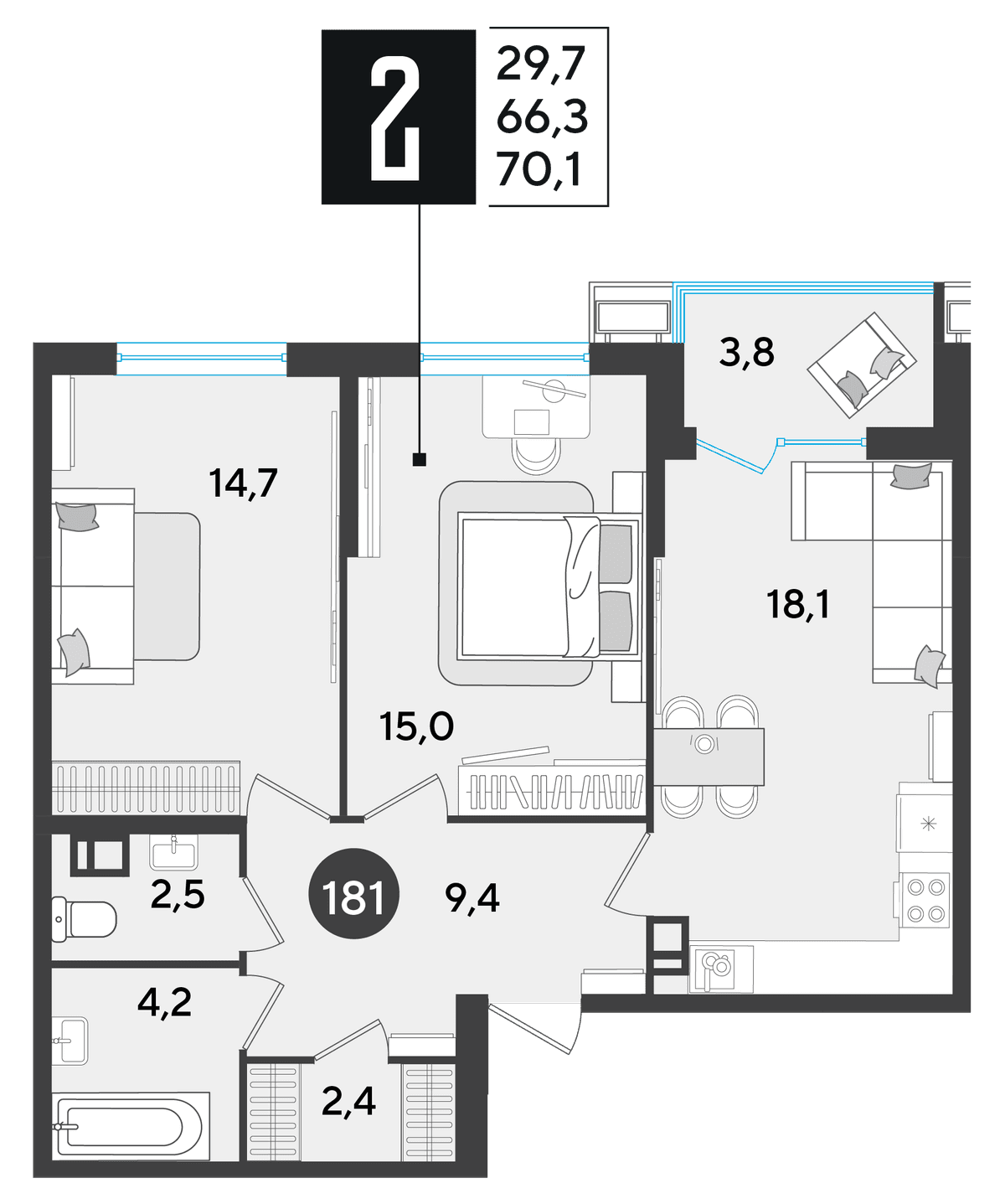2-к, 70.1 м² · Парк Победы-2
