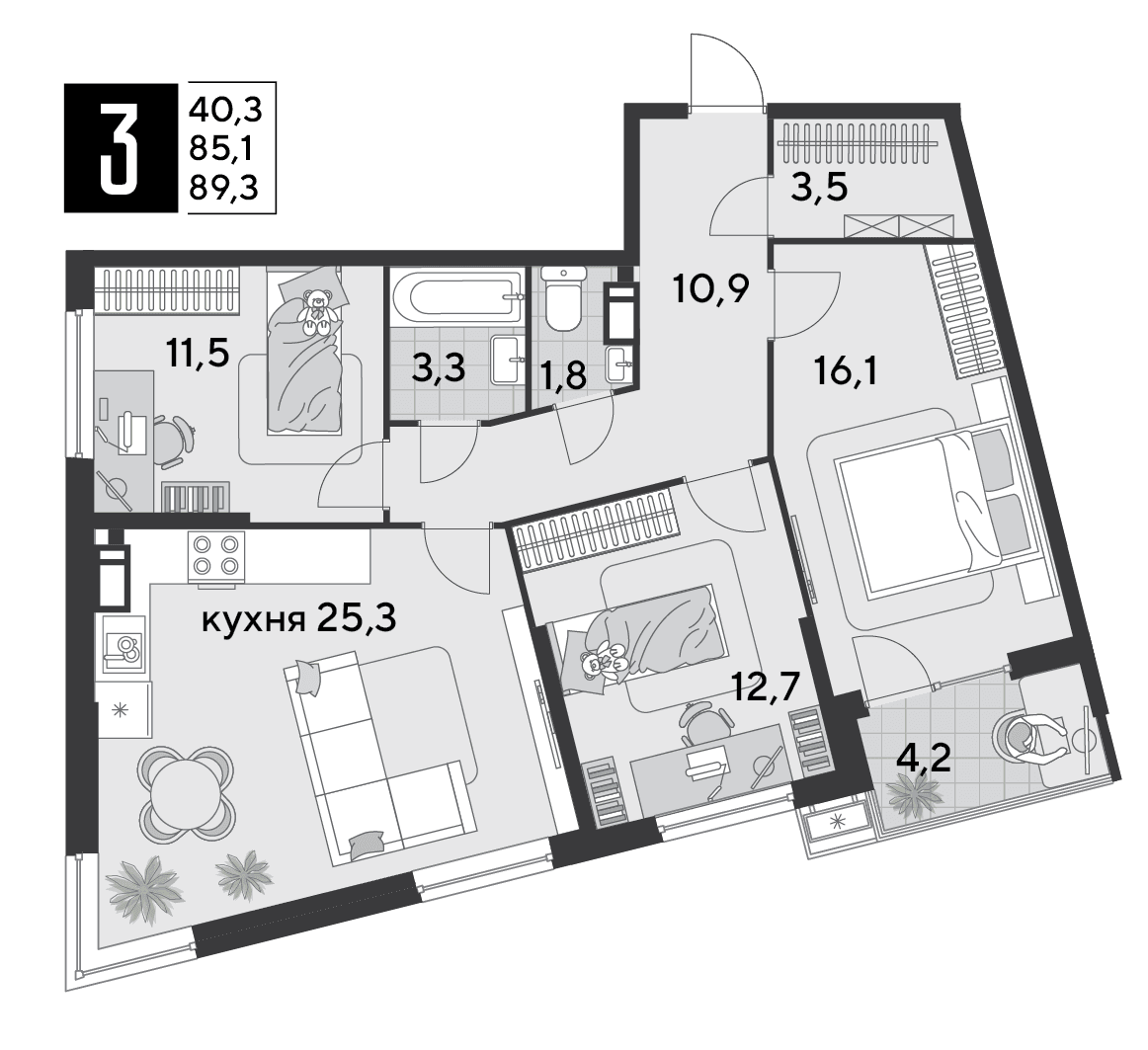 3-к, 88.2 м² · Парк Победы-2