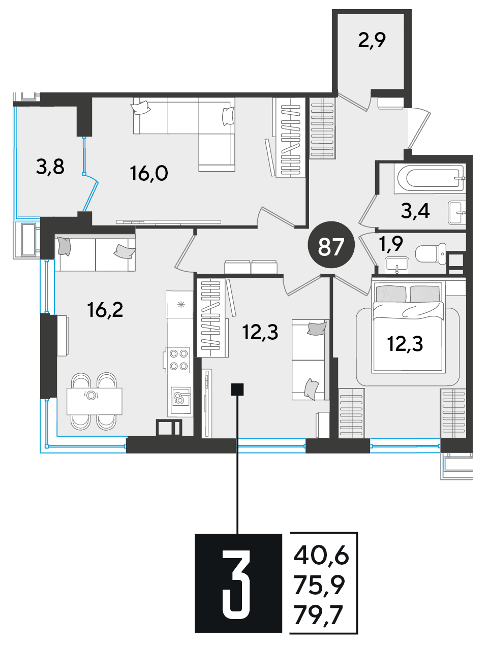 3-к, 79.7 м² · Парк Победы-2