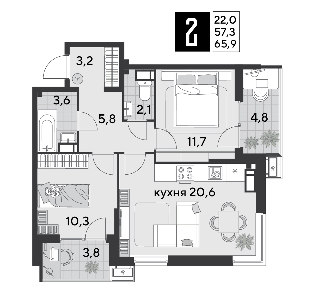 2-к, 66.4 м² · Парк Победы-2