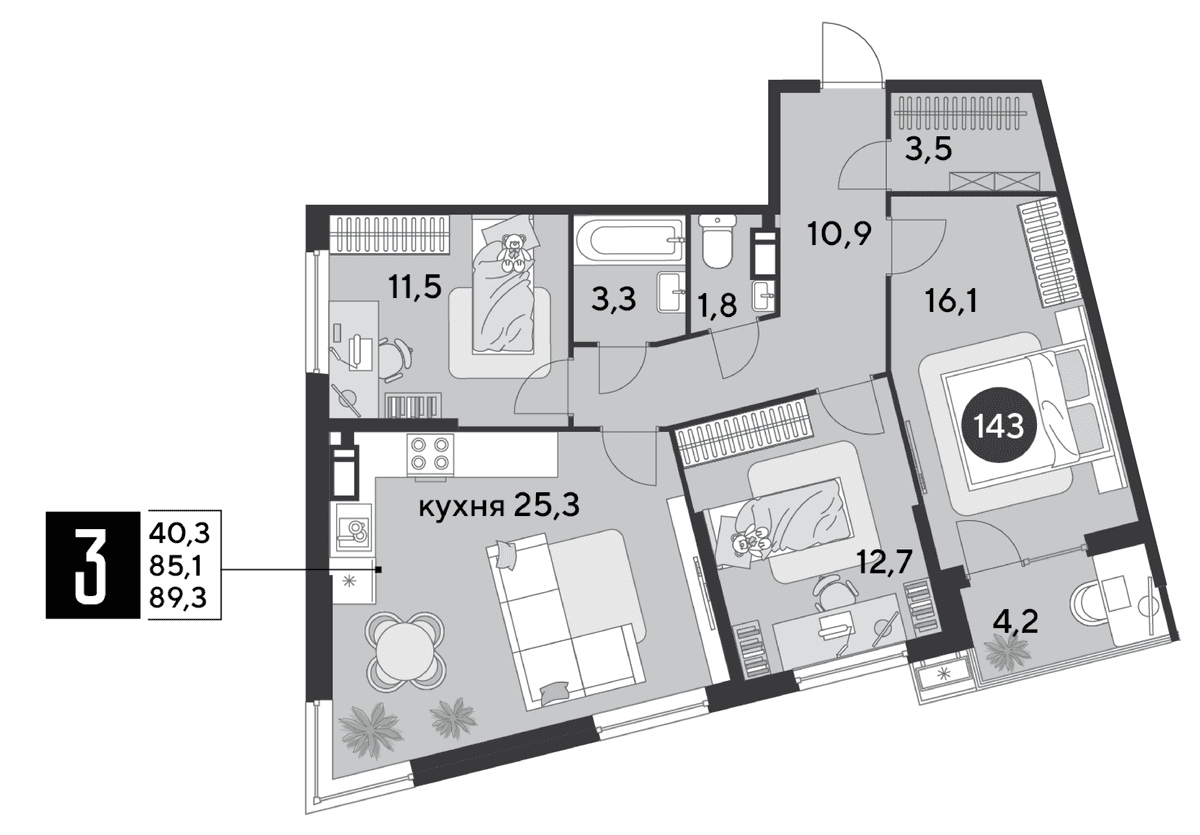 3-к, 89.3 м² · Парк Победы-2