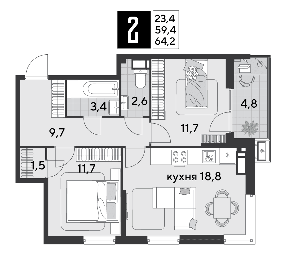 2-к, 62.4 м² · Парк Победы-2