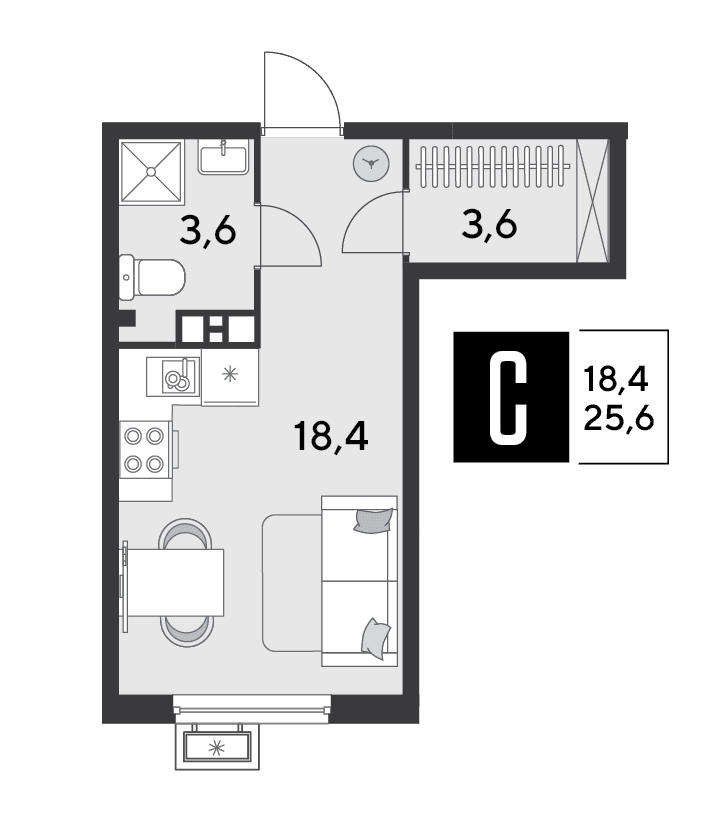 Студия, 25.6 м² · Парк Победы-2