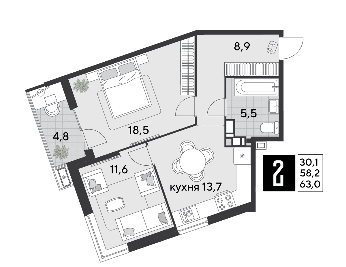 2-к, 63 м² · Парк Победы-2