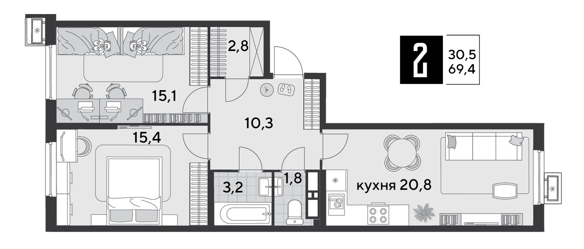 2-к, 69.4 м² · Парк Победы-2