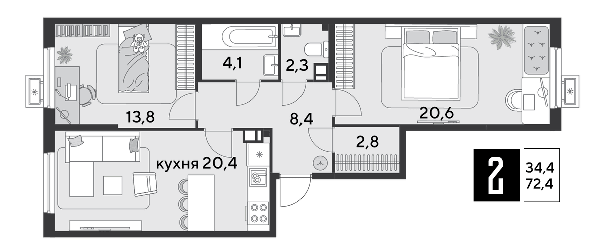 2-к, 72.1 м² · Парк Победы-2