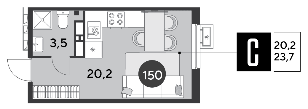 Студия, 23.7 м² · Парк Победы-2