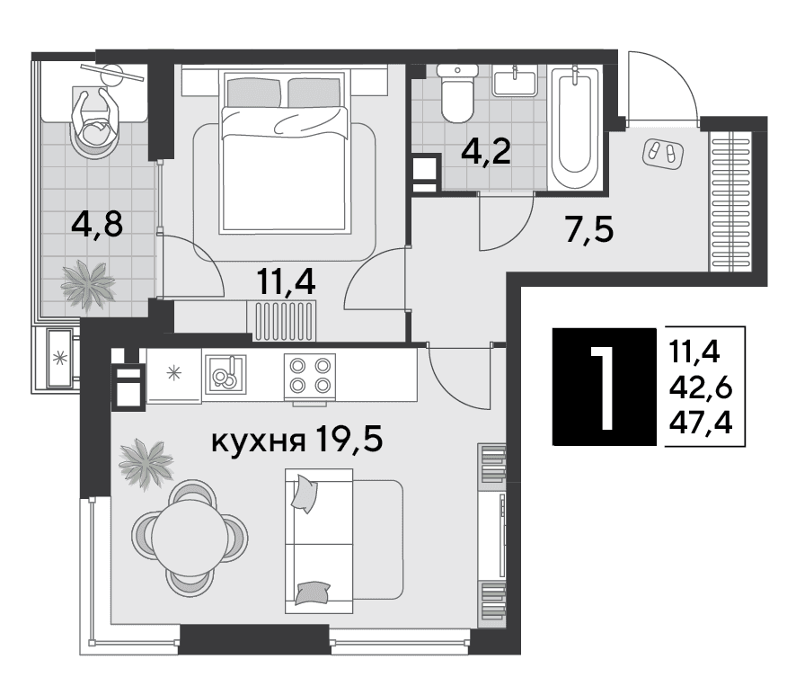 1-к, 47.4 м² · Парк Победы-2