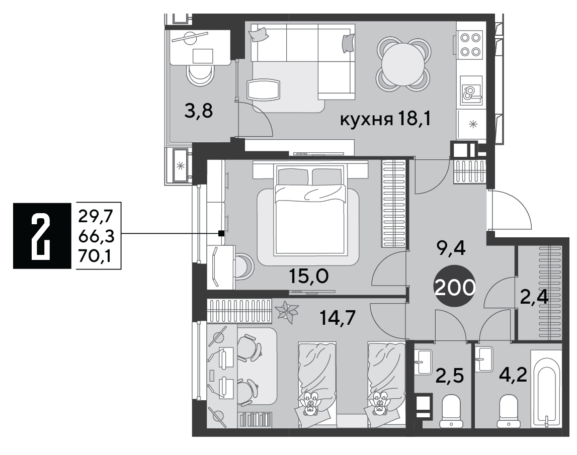 2-к, 70.1 м² · Парк Победы-2