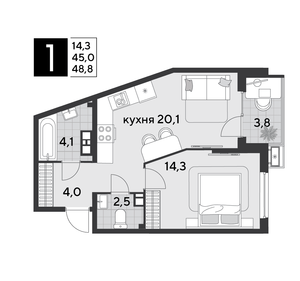 1-к, 49.5 м² · Парк Победы-2