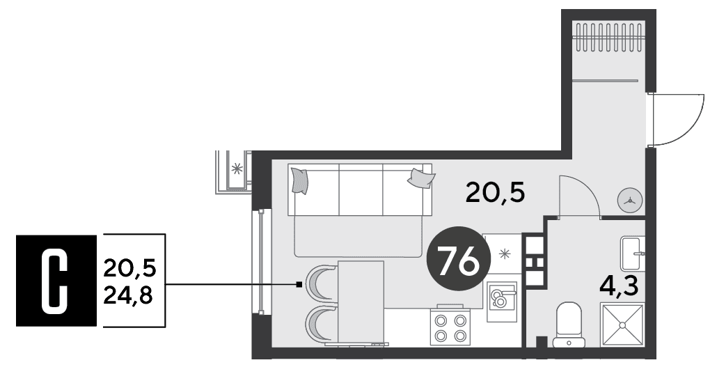 Студия, 24.8 м² · Парк Победы-2