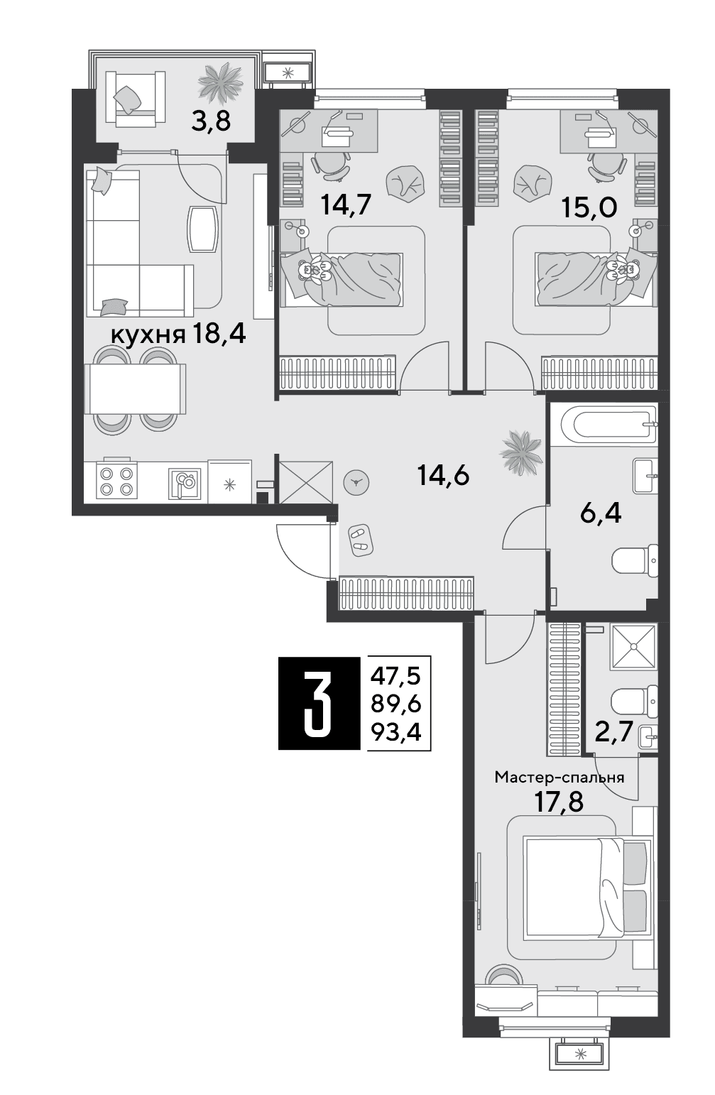 3-к, 93.4 м² · Парк Победы-2