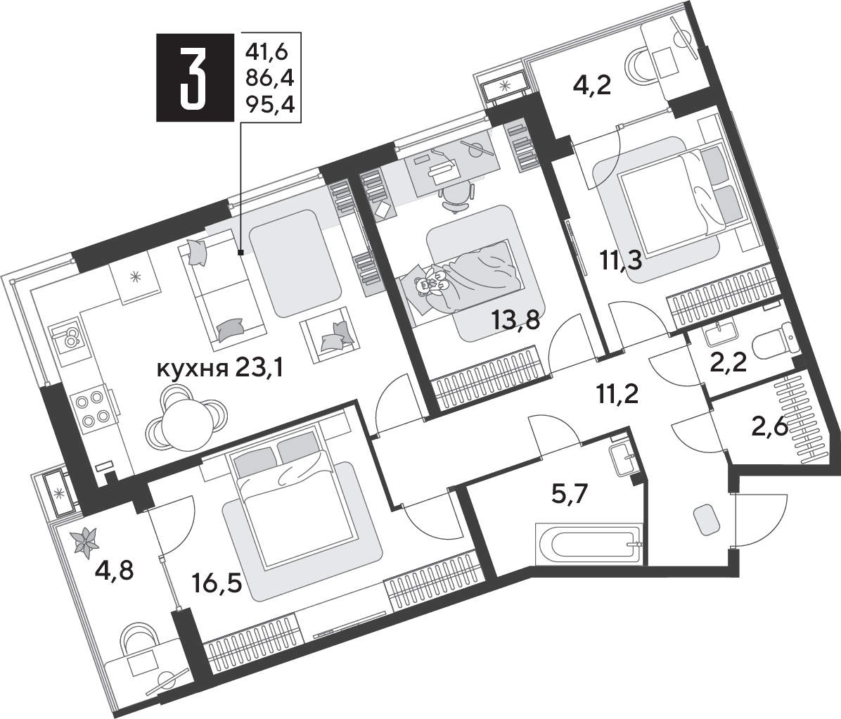 3-к, 95.4 м² · Парк Победы-2