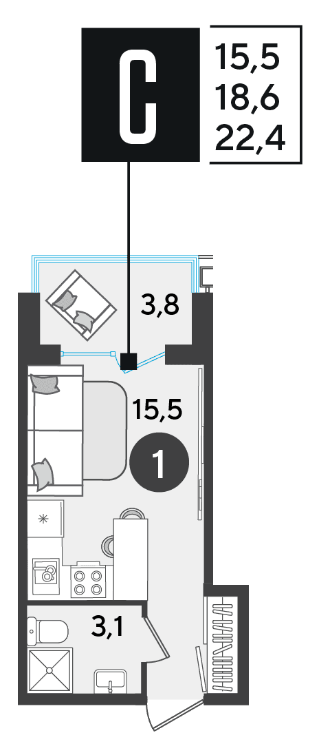 Студия, 22.4 м² · Парк Победы-2