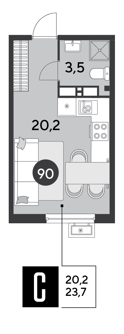 Студия, 23.7 м² · Парк Победы-2