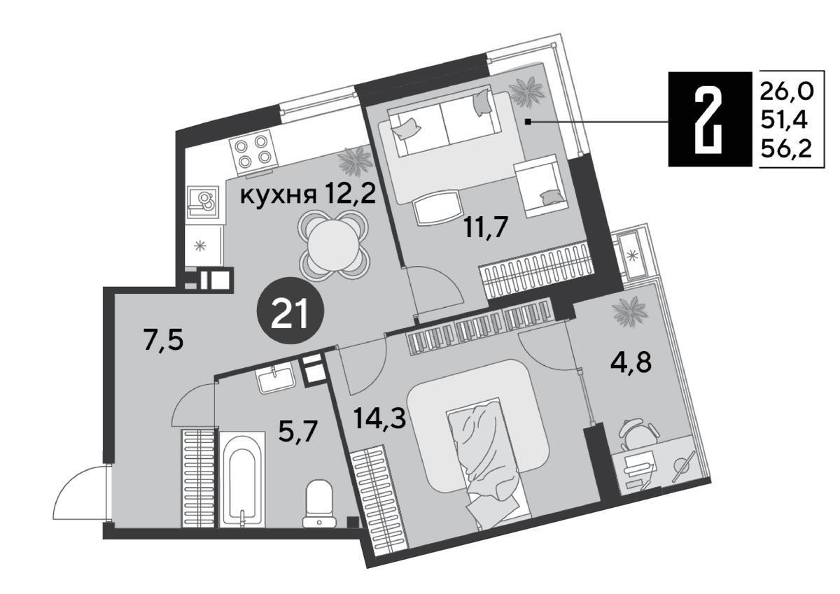 2-к, 56.2 м² · Парк Победы-2