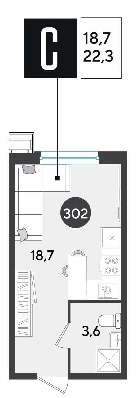 Студия, 22.3 м² · Парк Победы-2