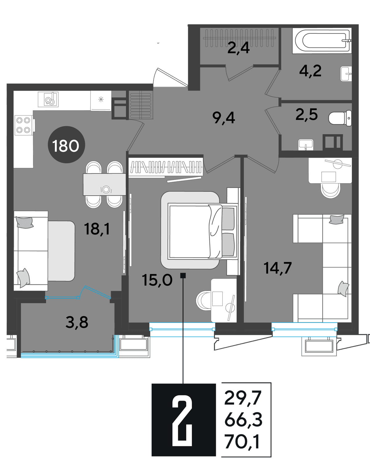 2-к, 70.2 м² · Парк Победы-2