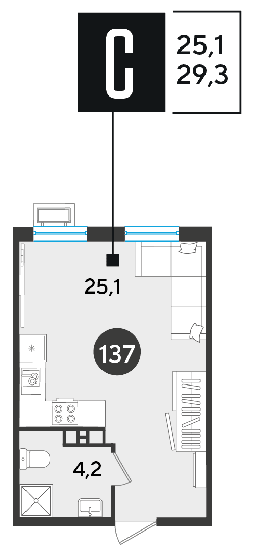 Студия, 29.3 м² · Парк Победы-2