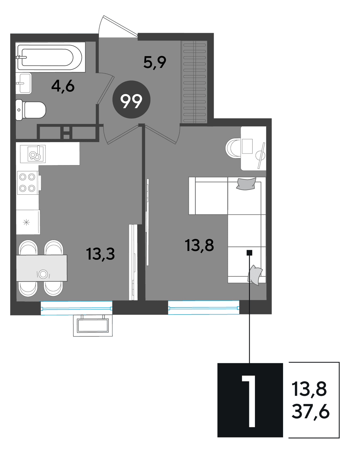 1-к, 37.6 м² · Парк Победы-2