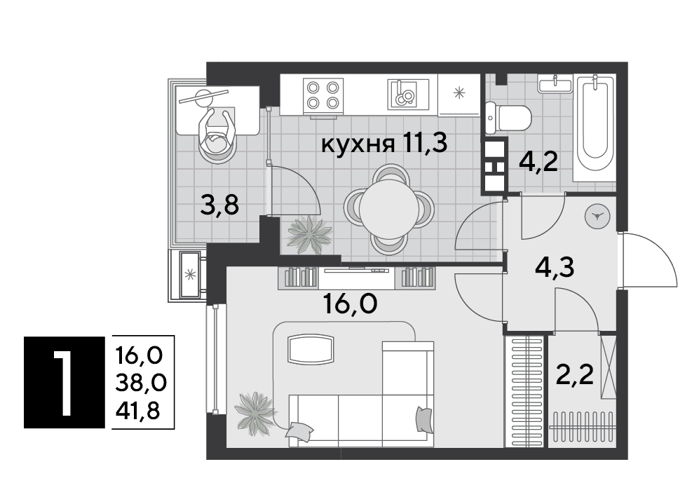 1-к, 41.8 м² · Парк Победы-2