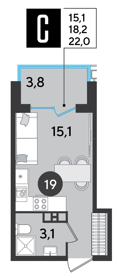 Студия, 22 м² · Парк Победы-2