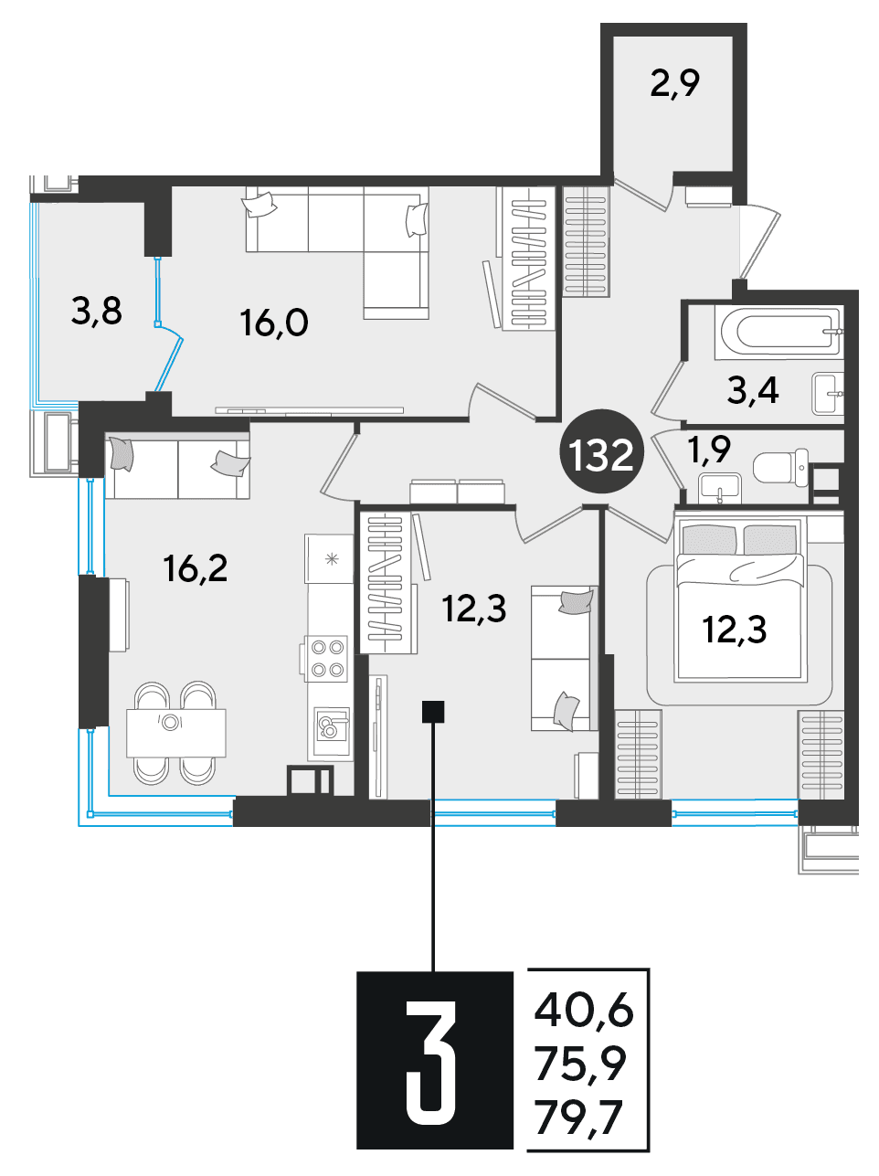 3-к, 79.7 м² · Парк Победы-2