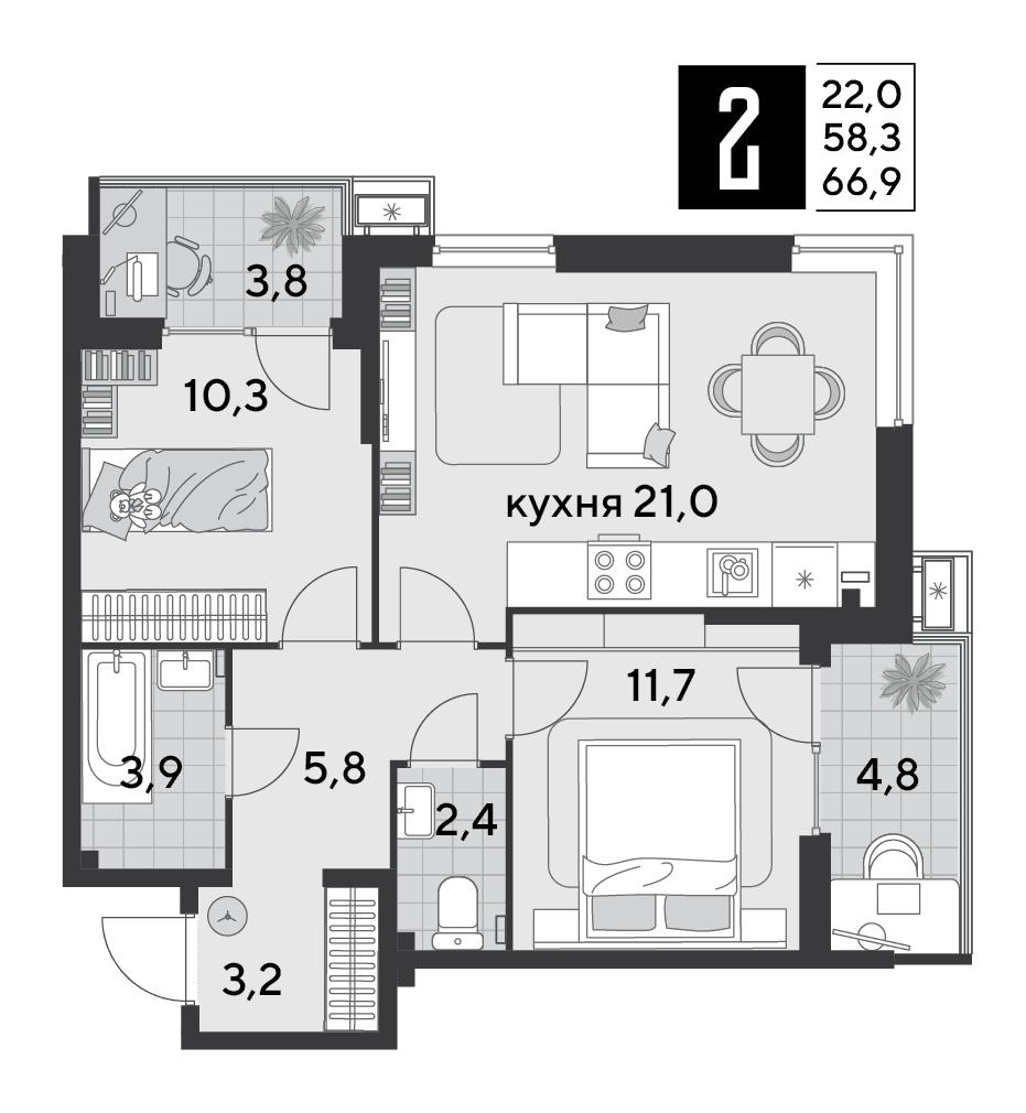 2-к, 65.8 м² · Парк Победы-2