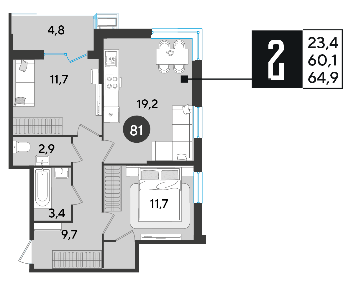 2-к, 64.9 м² · Парк Победы-2