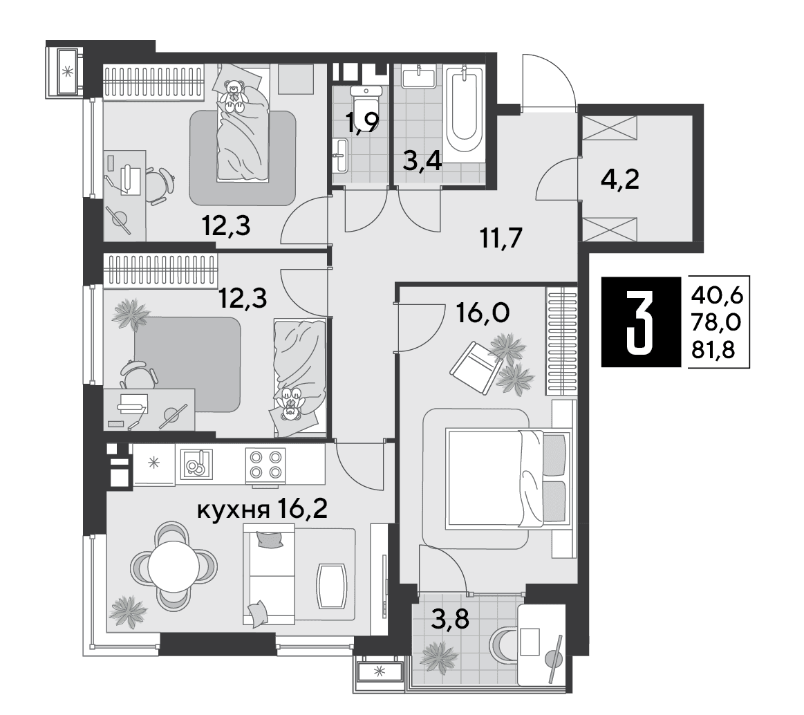 3-к, 81.8 м² · Парк Победы-2