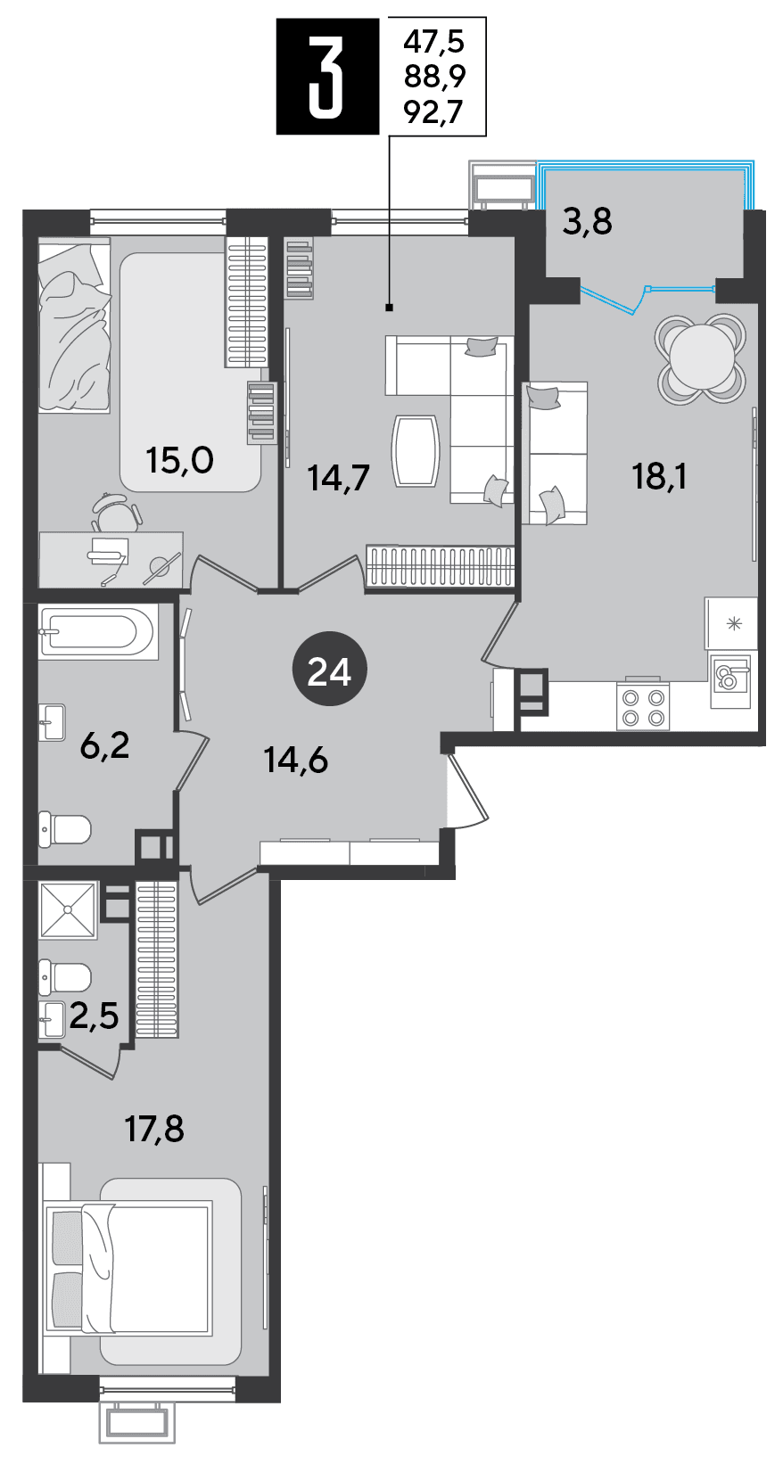 3-к, 92.7 м² · Парк Победы-2