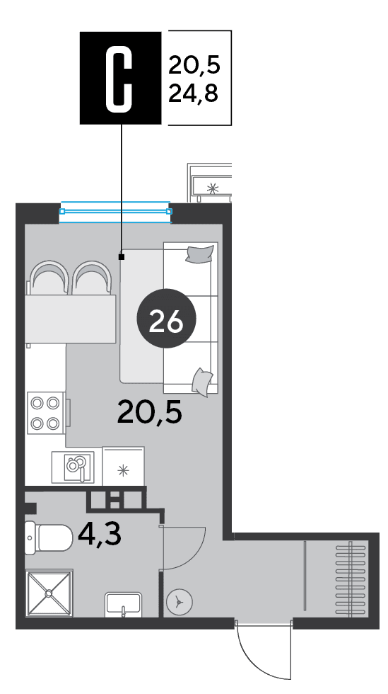 Студия, 24.8 м² · Парк Победы-2