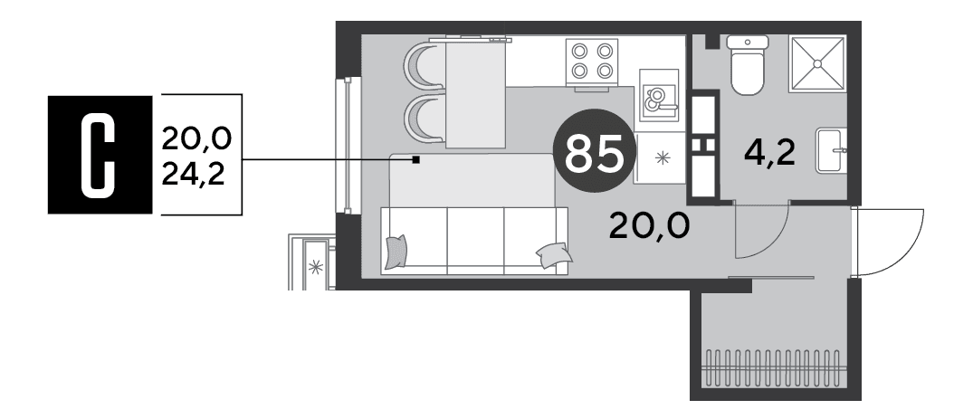 Студия, 24.2 м² · Парк Победы-2