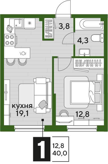1-к, 40 м² · DОГМА ПАРК