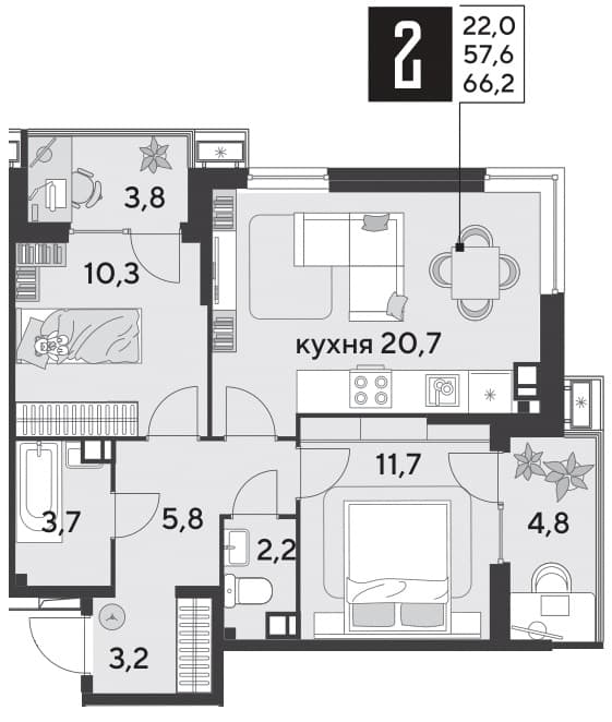 2-к, 66.9 м² · Парк Победы-2