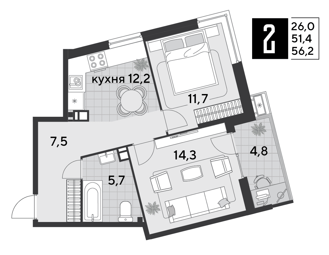 2-к, 56.2 м² · Парк Победы-2