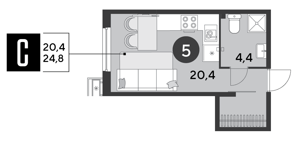Студия, 24.8 м² · Парк Победы-2