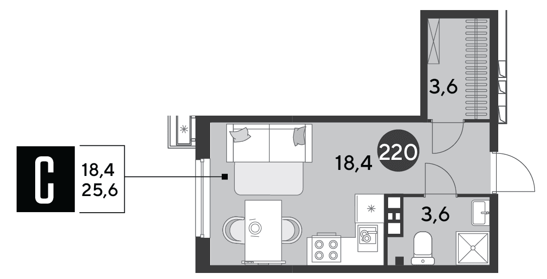 Студия, 25.6 м² · Парк Победы-2